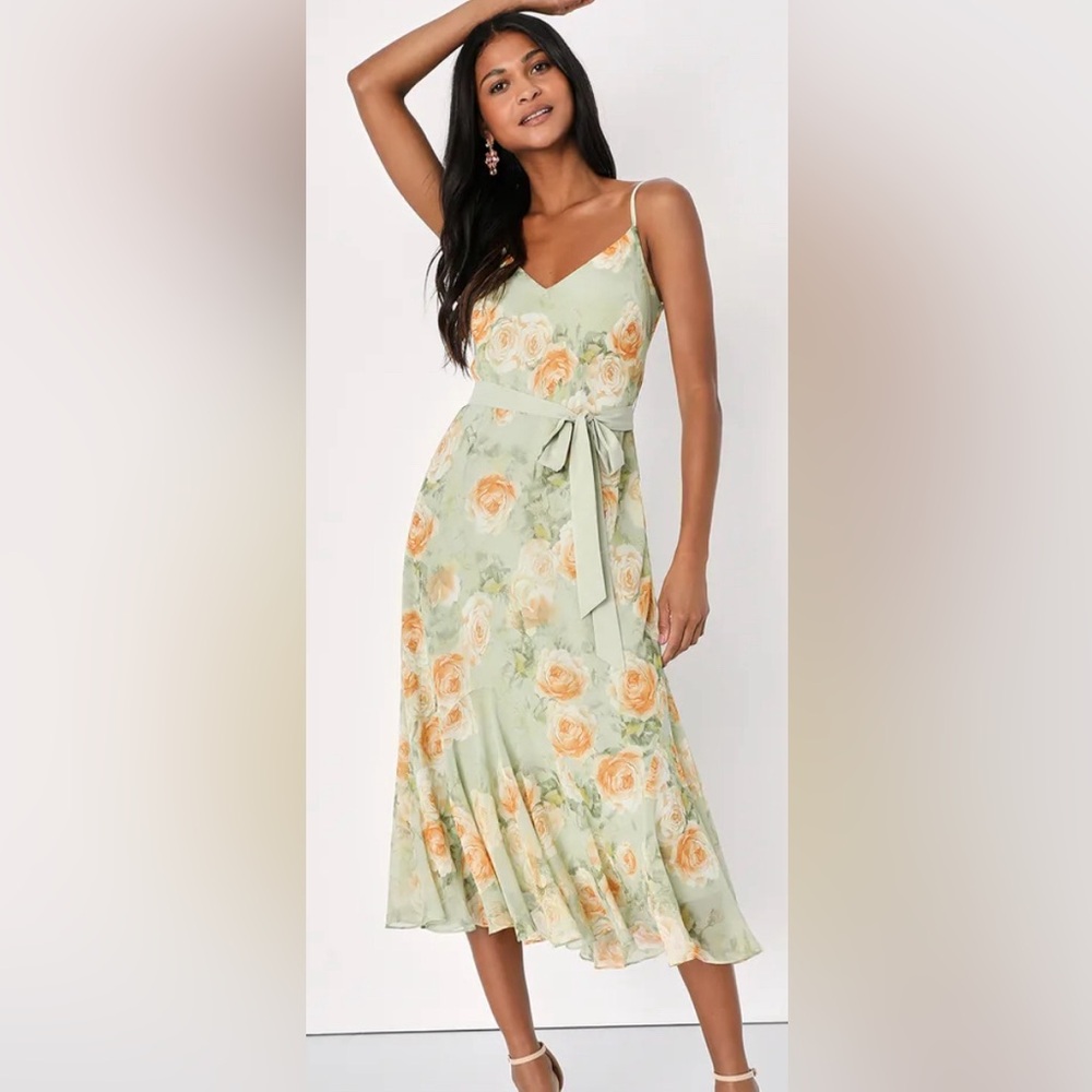 Lulu’s Elegance Sage Green Floral Chiffon Midi Dress